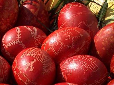Red Easter Eggs with Religious Motifs.