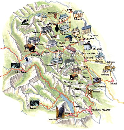 Map of Monasteries in Bucovina, Romania.