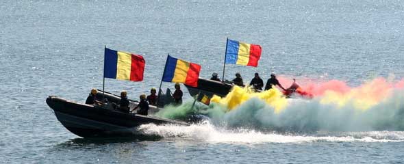 Navy festive demonstration with Romanian national colors.